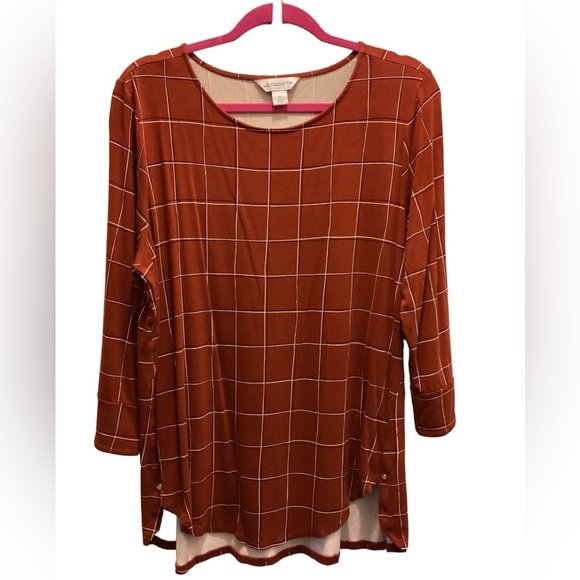 LIZ CLAIBORNE Reddish Brown Windowpane Pattern Top Sz XL Gold buttons on sleeves - Picture 1 of 12